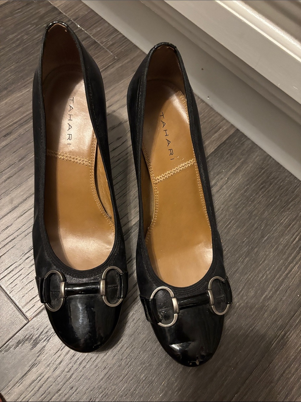 Tahari Black Leather Horsebit detail  heels